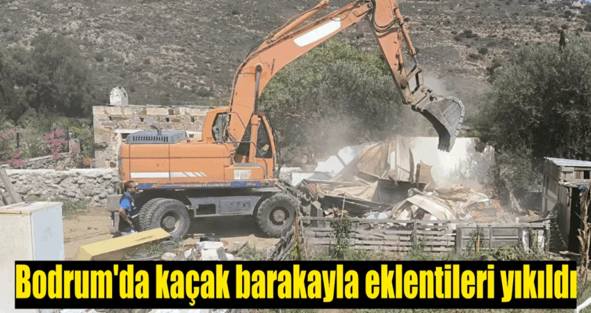 Bodrum’da kaçak barakayla eklentileri yıkıldı Muğla’nın Bodrum ilçesinde hazine arazisine yapılan kaçak yapı, ekiplerce yıkıldı.