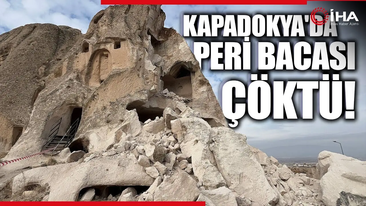 Nevşehir'de peribacası büyük bir gürültüyle çökerken, o anlar güvenlik kamerasına