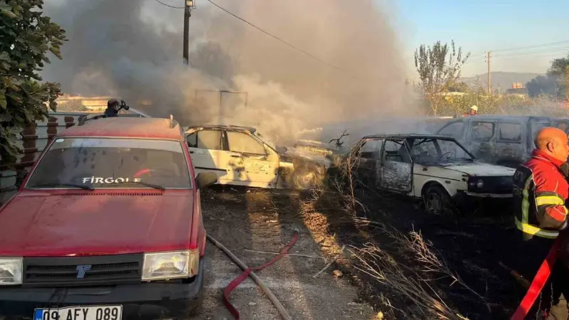 Aydın'ın Efeler ilçesindeki Güzelhisar Yediemin otoparkında çıkan yangında, 5 otomobil