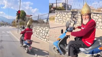 Denizli’de kask yerine miğfer takarak trafiğe çıkan motosikletli dede görenleri