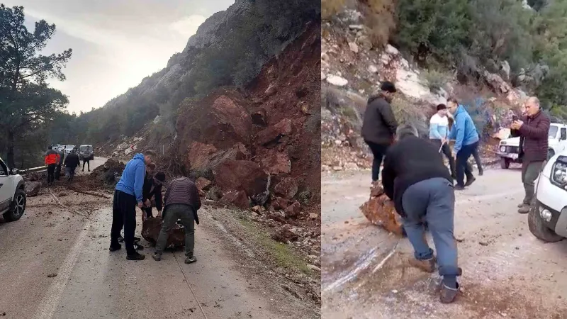 Antalya’nın Konyaaltı ilçesinde şiddetli yağışlar sonrası Hisarçandır yoluna düşen dev