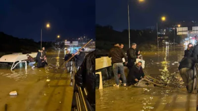 Aydın’ın Kuşadası ilçesinde etkili olan sağanak yağış sele neden oldu.