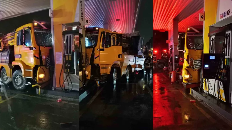 Aydın’ın Efeler ilçesinde sürücüsünün kontrolünden çıkan bir vincin akaryakıt istasyonundaki