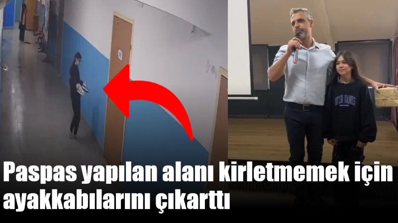 Fethiye’deki Çalıca Ortaokulu öğrencisi Gülçin Miray Karaman, okul koridorunda temizlik