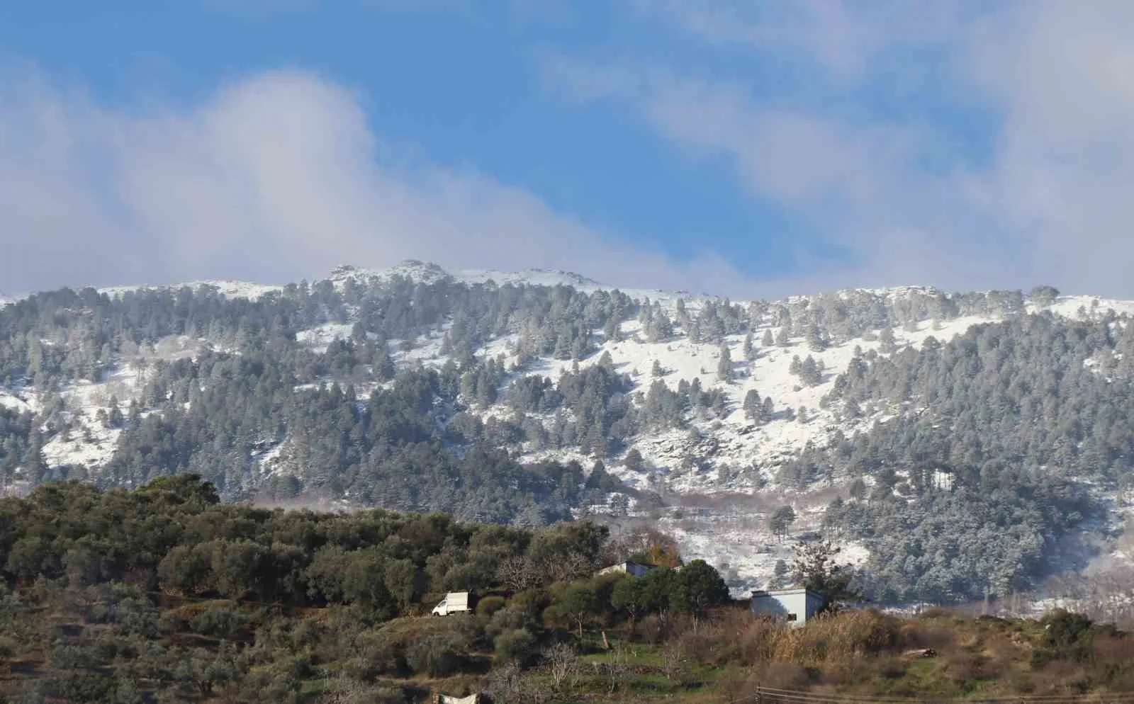 Aydın'da etkili olan sağanak yağışın ardından yüksek kesimlerde kar yağışı