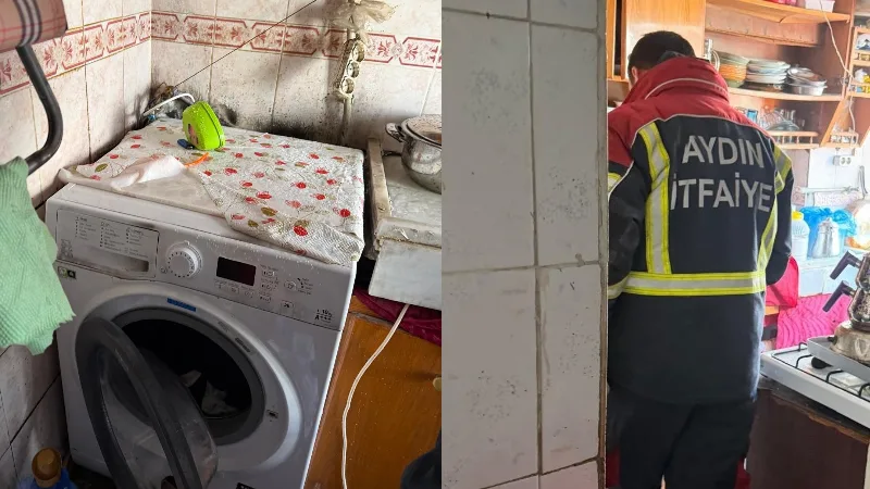 Aydın’ın Efeler ilçesinde bir evde çamaşır makinesi kablosunun alev alması