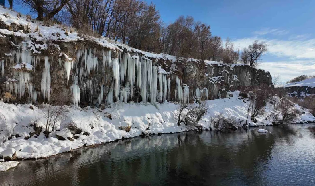 Van’ın Erciş ilçesindeki Koçköprü Kanyonu’nda, kar sularının donmasıyla oluşan devasa