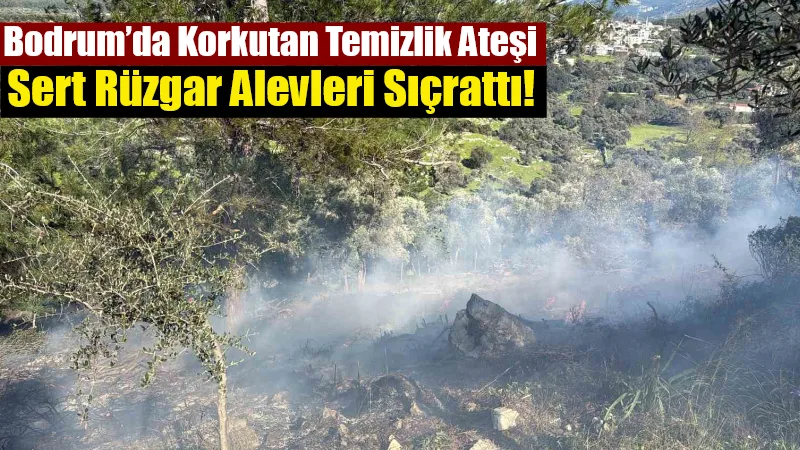Bodrum Karaova’da arazi temizliği sırasında yakılan ve sert rüzgarla kontrolden