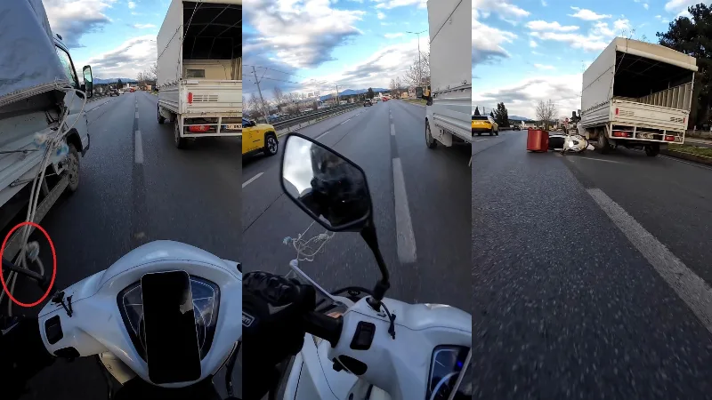 Antalya Aksu'da iki kamyonet arasından geçmek isteyen motosikletli kurye, kamyonetten