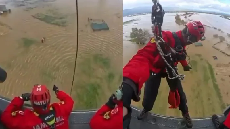 Hayvanlarını bırakıp gidemedi, saniyeler içinde suların ortasında kaldı. Jandarmanın gökyüzünden