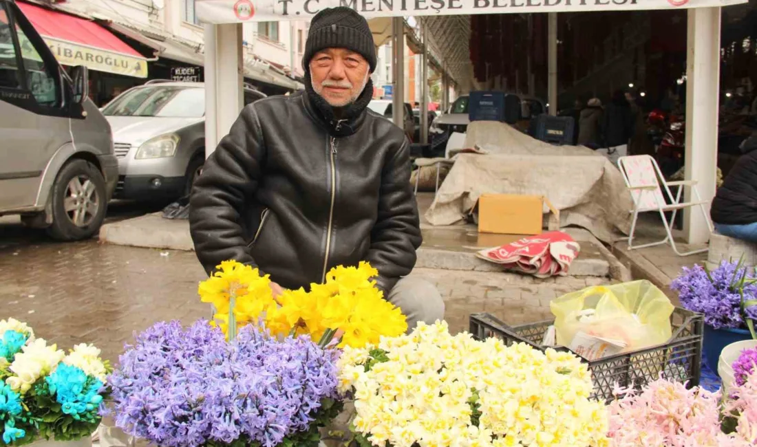Menteşe semt pazarının girişinde Mersin'den getirilen nergis ve sümbüllerin yaydığı
