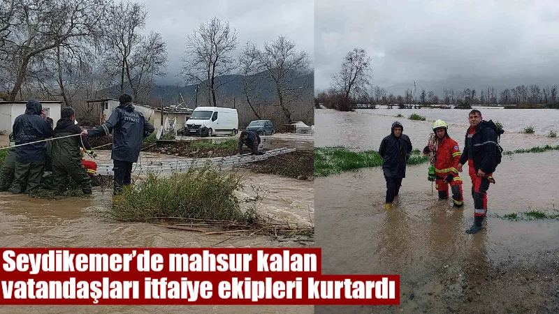 Muğla’nın Seydikemer ilçesinde sel suları nedeniyle bir balık çiftliğinde mahsur