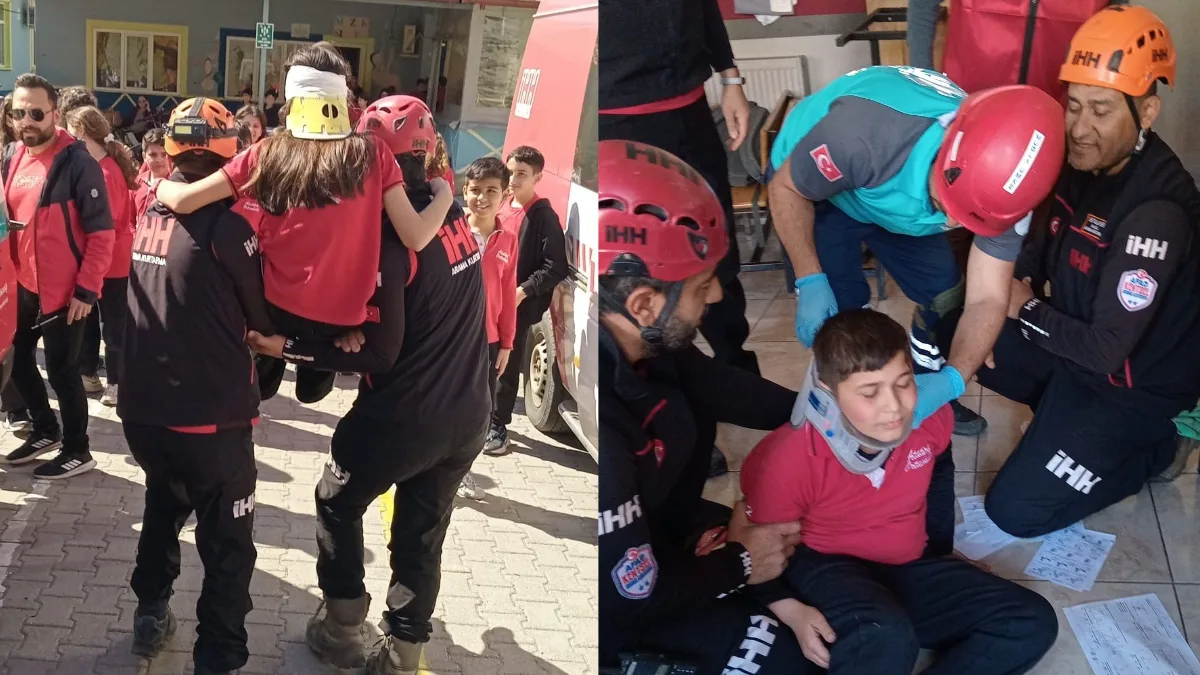 Köyceğiz Atatürk Ortaokulu’nda UMKE iş birliğiyle gerçekleştirilen afet tatbikatında, senaryo