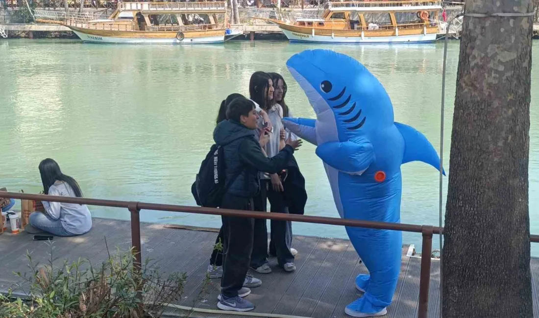 Manavgat'ta köpek balığı kostümüyle cadde ve sokaklarda dolaşan elektrik stajyeri