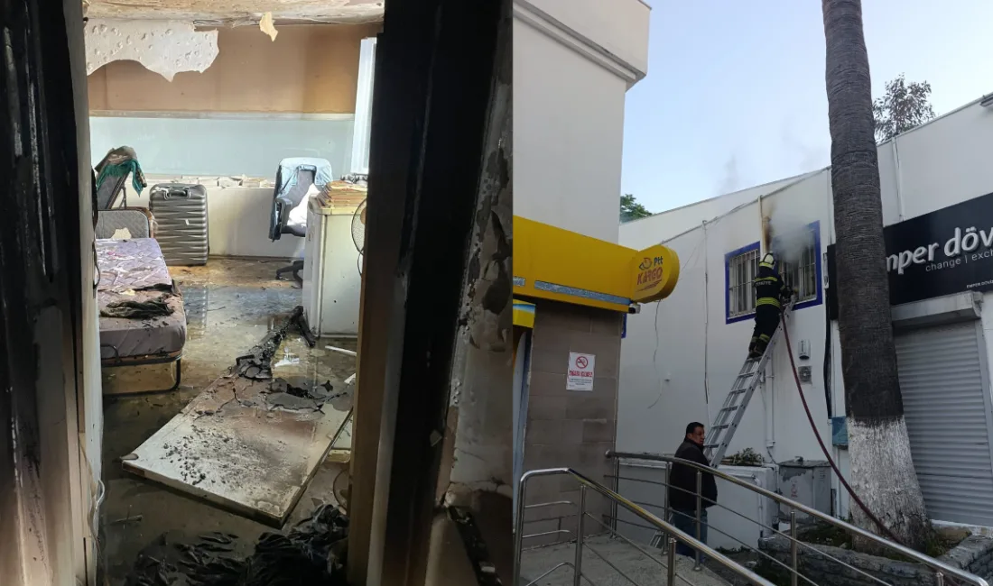 Bodrum Çarşı Mahallesi’nde bir iş yerinde çıkan yangın, itfaiye ekiplerinin