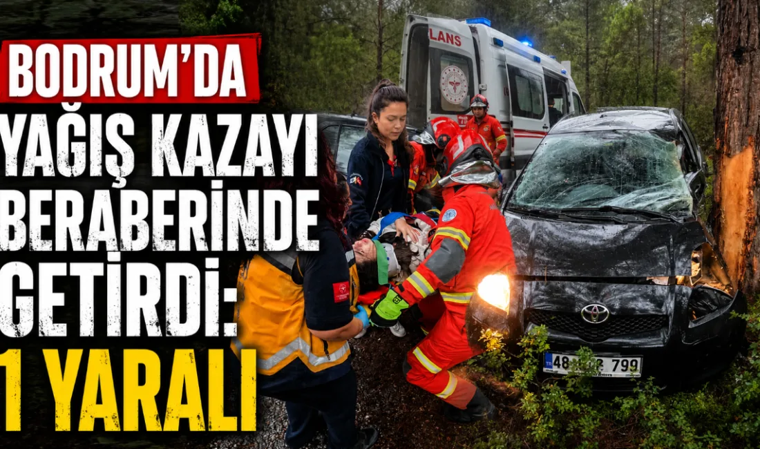 Bodrum’un Mazıköy Mahallesi’nde yoğun yağış nedeniyle kontrolden çıkan otomobil ağaca