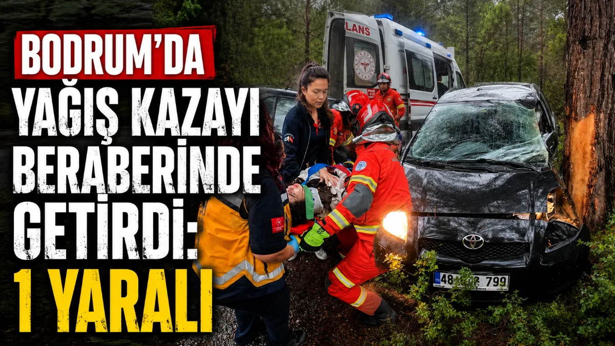 Bodrum’un Mazıköy Mahallesi’nde yoğun yağış nedeniyle kontrolden çıkan otomobil ağaca