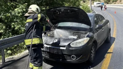 Fethiye Ölüdeniz yolu üzerinde hararet yapan bir araçta çıkan yangın,