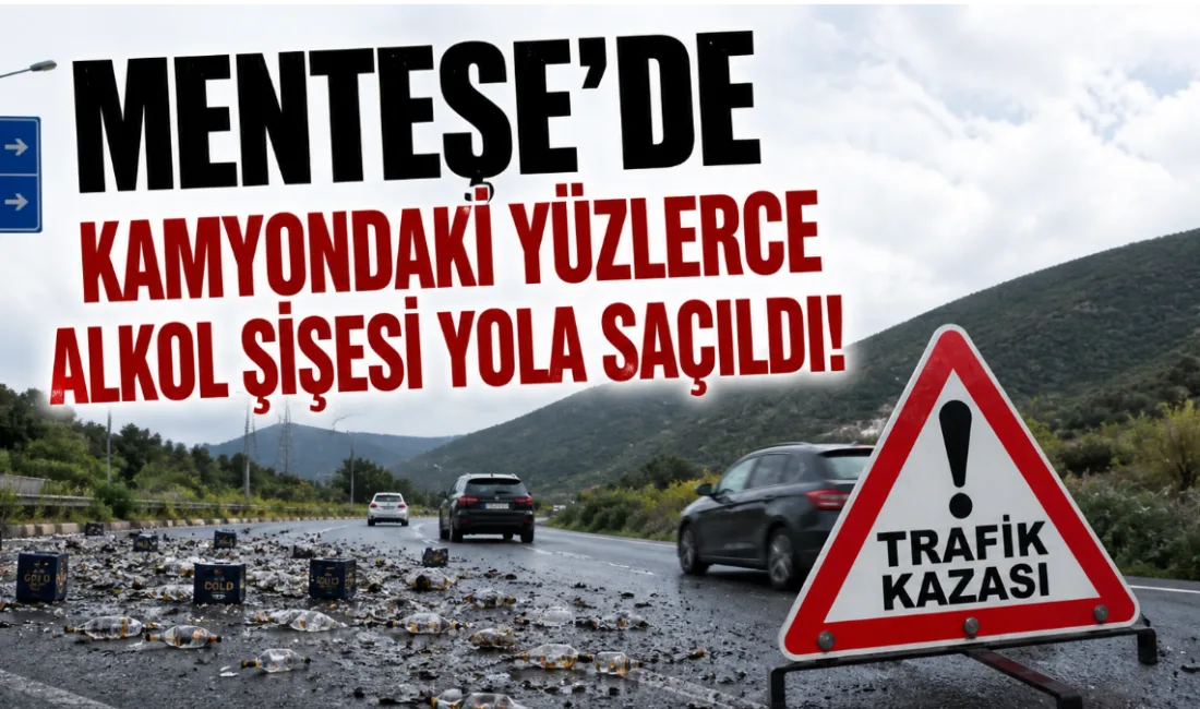 Muğla’nın Menteşe ilçesinde, virajı alan kamyonun kasasındaki alkol şişeleri yola