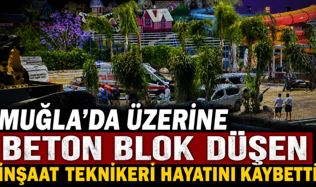 Muğla'nın Bodrum ilçesindeki bir otel inşaatında iş makinesiyle taşınan beton